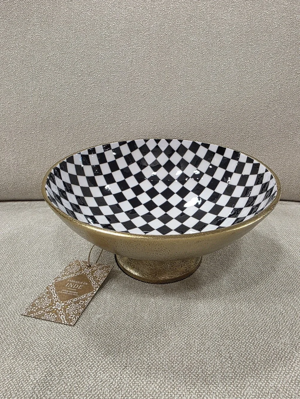 Checkered Ceramic Pedestal Bowl in Gold and Black